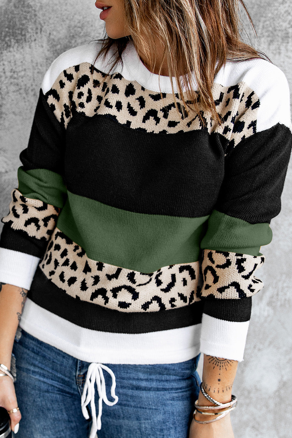 Crewneck Leopard Colour Block Knit Pullover Sweater | Green