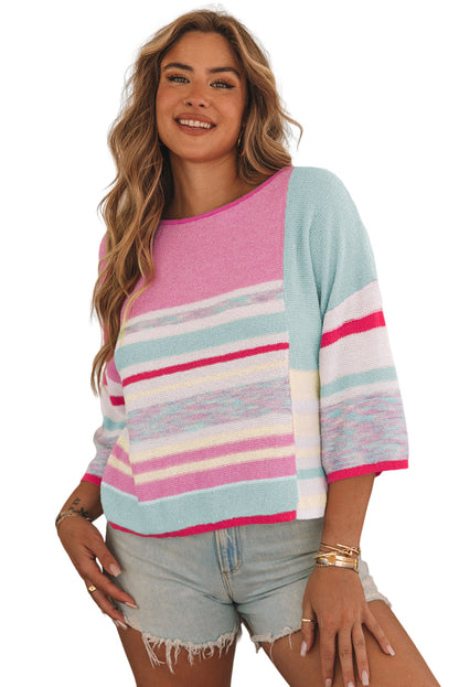 Colour Block Striped Three-Quarter Sleeve Knitted Top | Pink