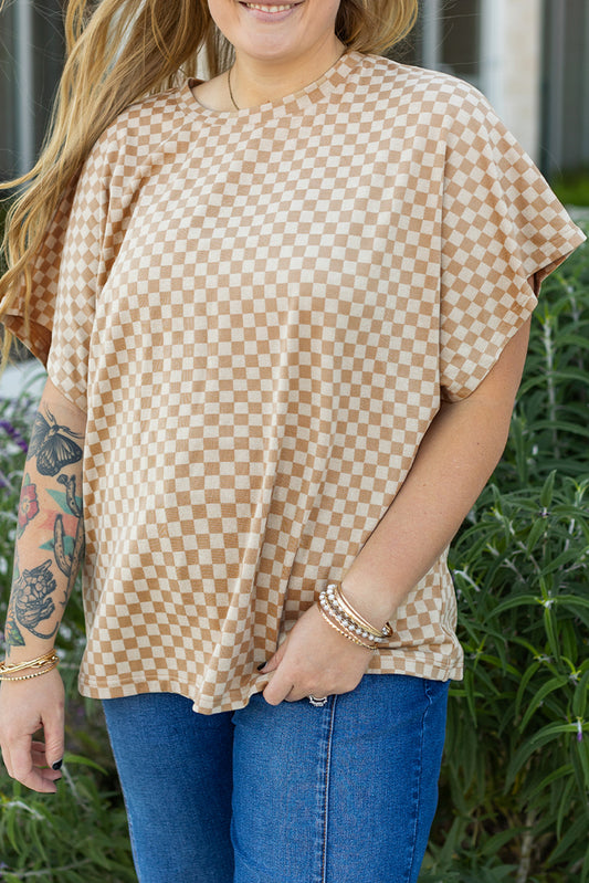 Khaki Checkerboard Short Batwing Sleeve Round Neck Plus Size T Shirt