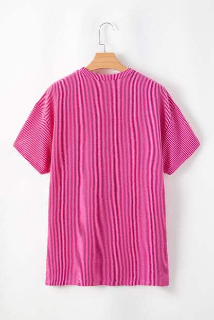 Corded Knit Pocketed Loose Fit T Shirt | Pink