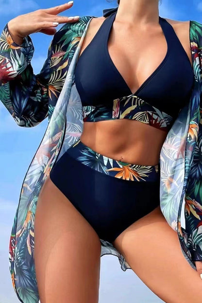 3 Piece Tropical Contrast Trim Halter Bikini Set with Cove Up | Navy Blue