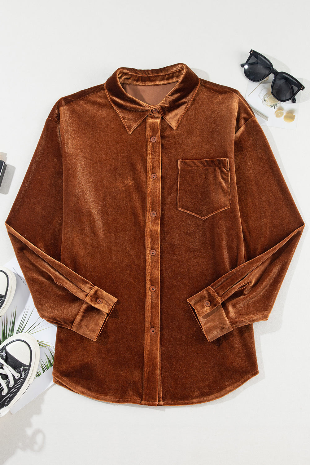 Chest Pocket Velvet Shirt | Chestnut