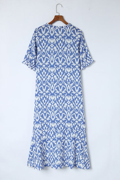 V Neck Casual Geometric Print Maxi Dress | Sky Blue