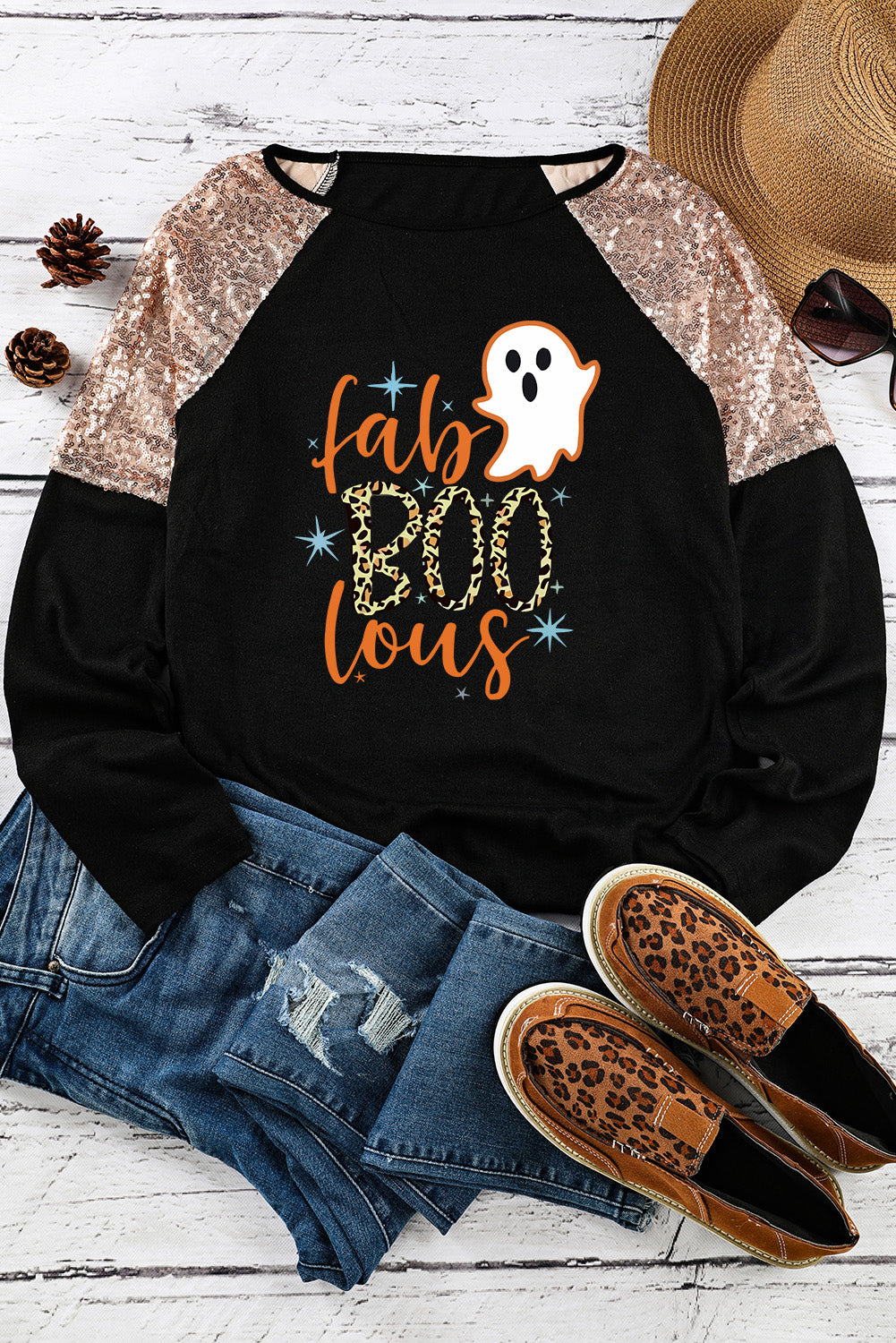 Leopard Boo Ghost Graphic Sequin Raglan Sleeve Top | Black