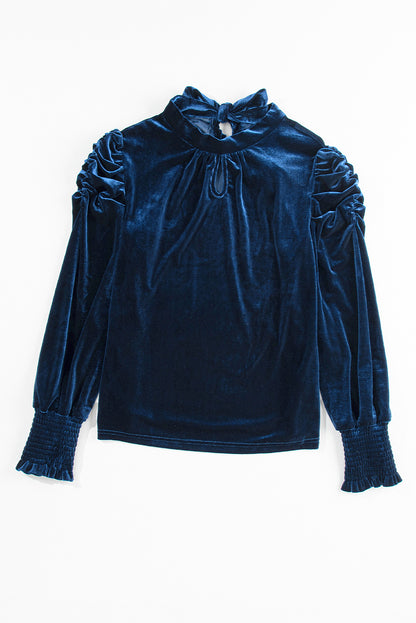 Fiery Mock Neck Puff Sleeve Velvet Blouse | Sky Blue