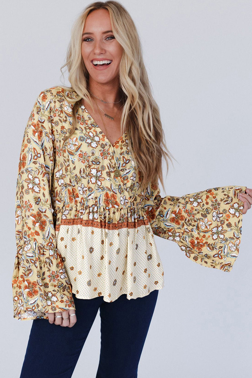 Floral Bell Sleeve V Neck Wrapped Contrast Peplum Blouse | Yellow Printed