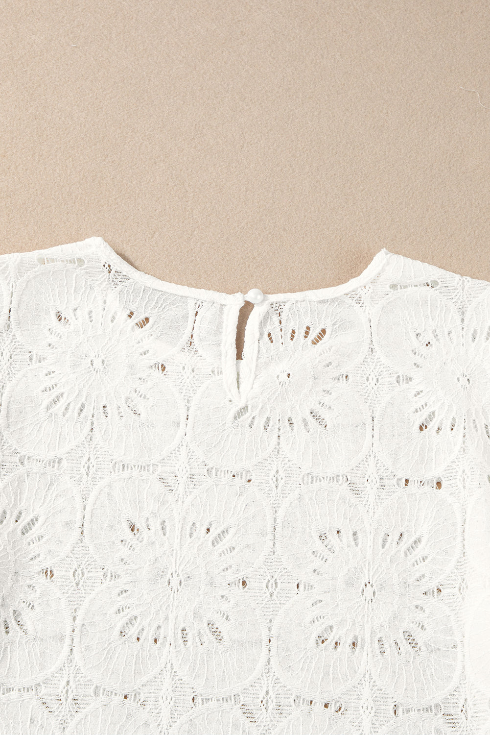 Flower Eyelet Jacquard Keyhole Flounce Sleeve Top | White