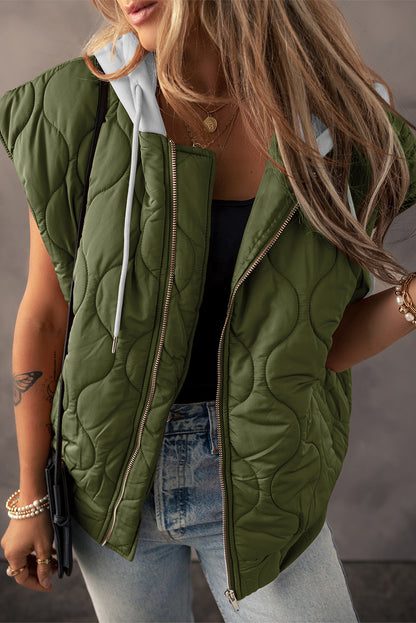 Quilted Drawstring Hooded Zip Up Puffer Vest | Jungle Green