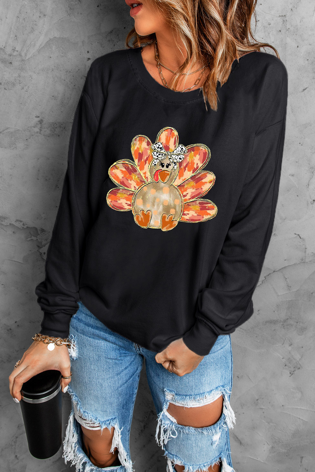 Thanksgiving Turkey Graphic Drop Shoulder Sweatshirt | Black