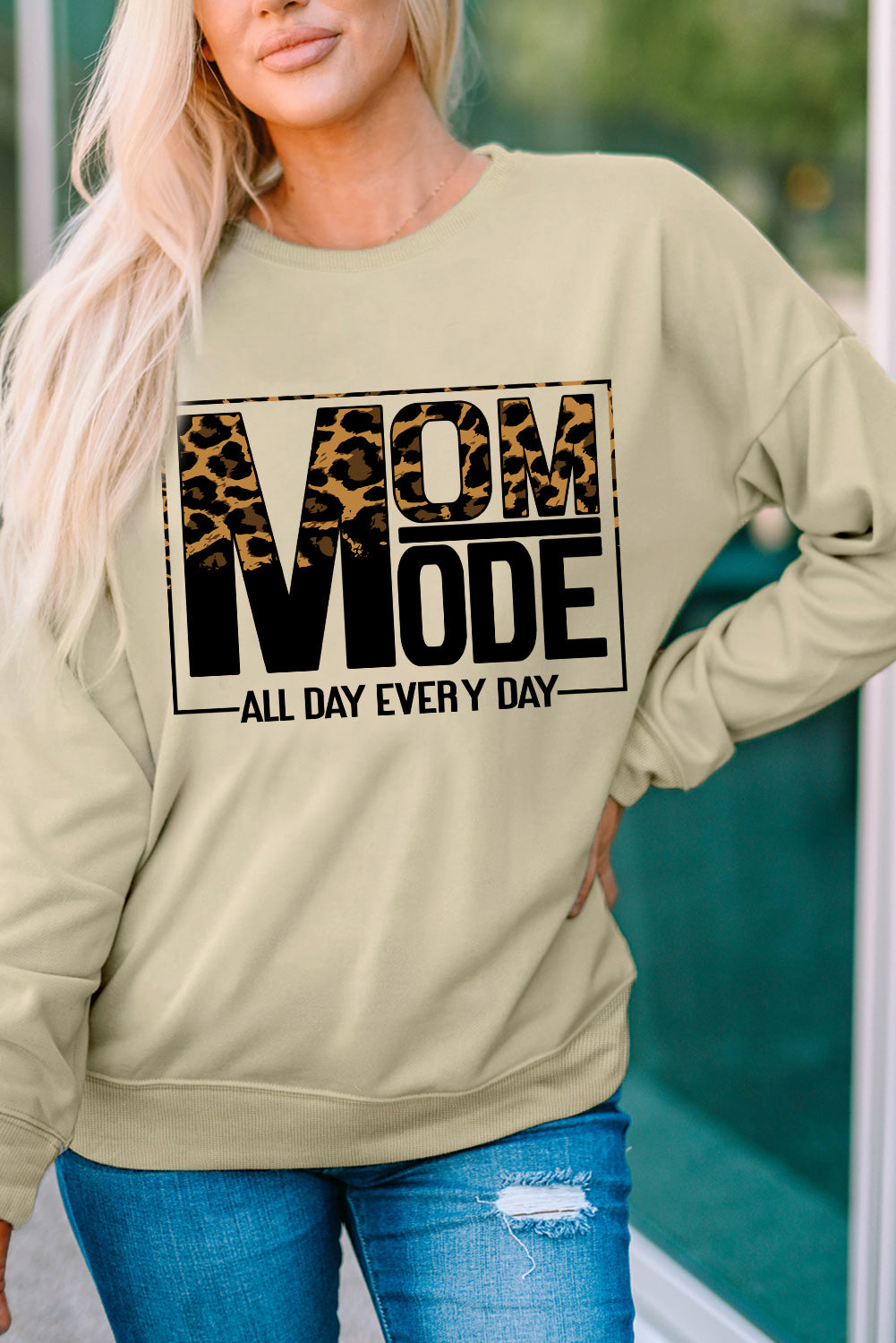 Mom Mode Leopard Print Long Sleeve Sweatshirt | Khaki