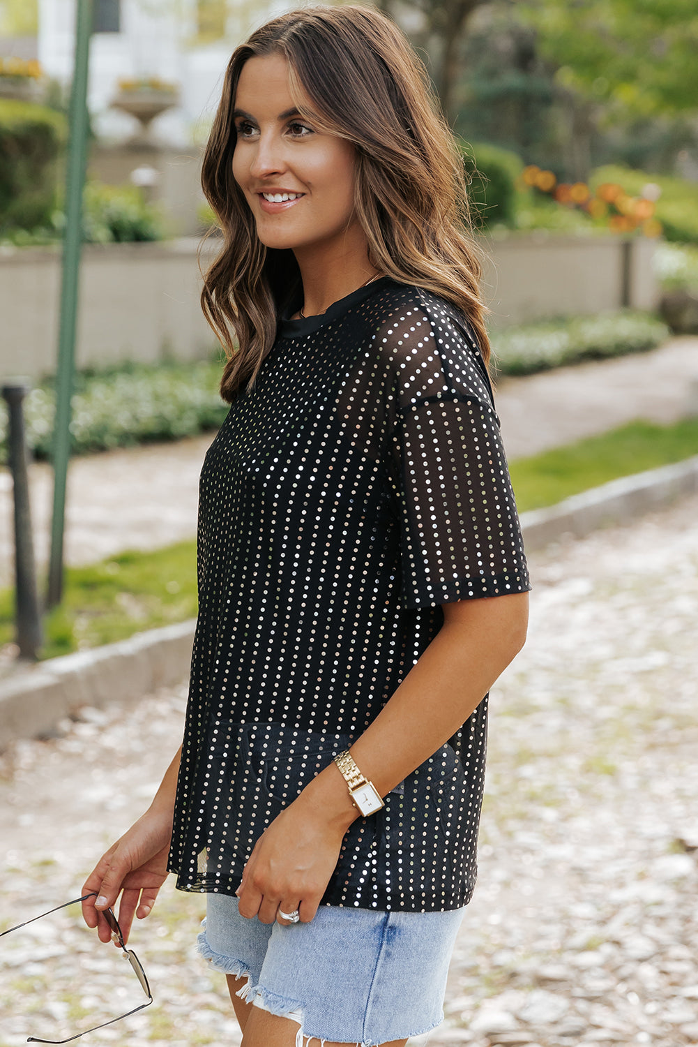 Sequin Drop Shoulder Sheer T-Shirt | Black