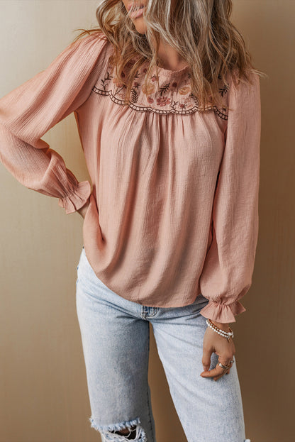 Floral Embroidered Textured Flounce Sleeve Elegant Blouse | Gossamer Pink