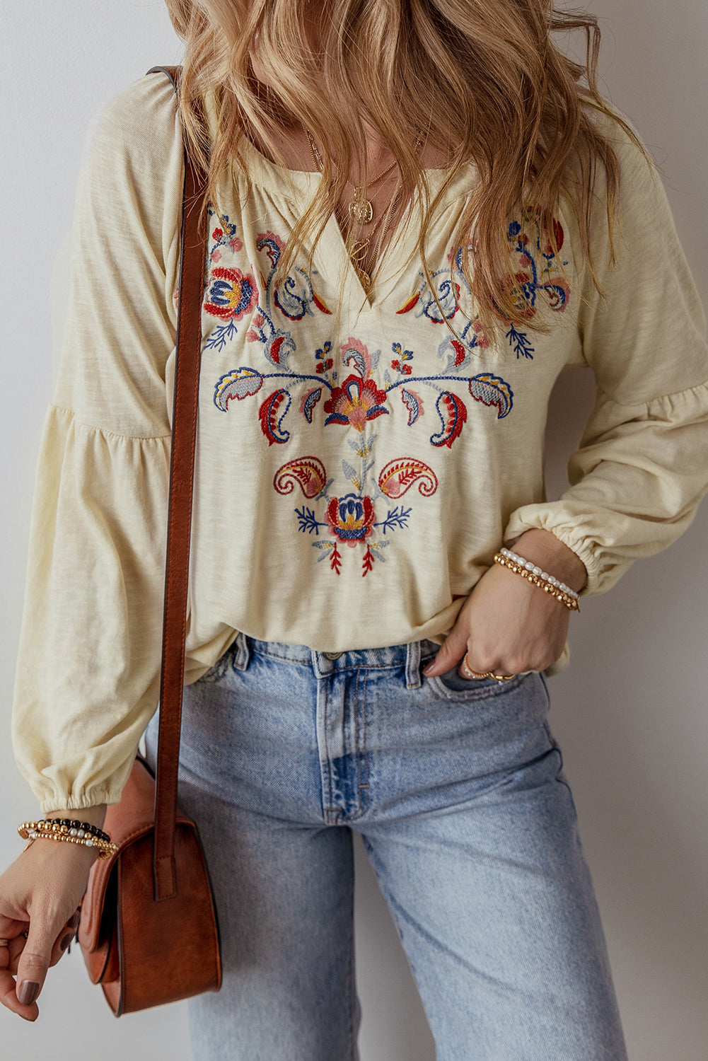 Paisley Floral Embroidered Notch V Neck Blouse | Apricot