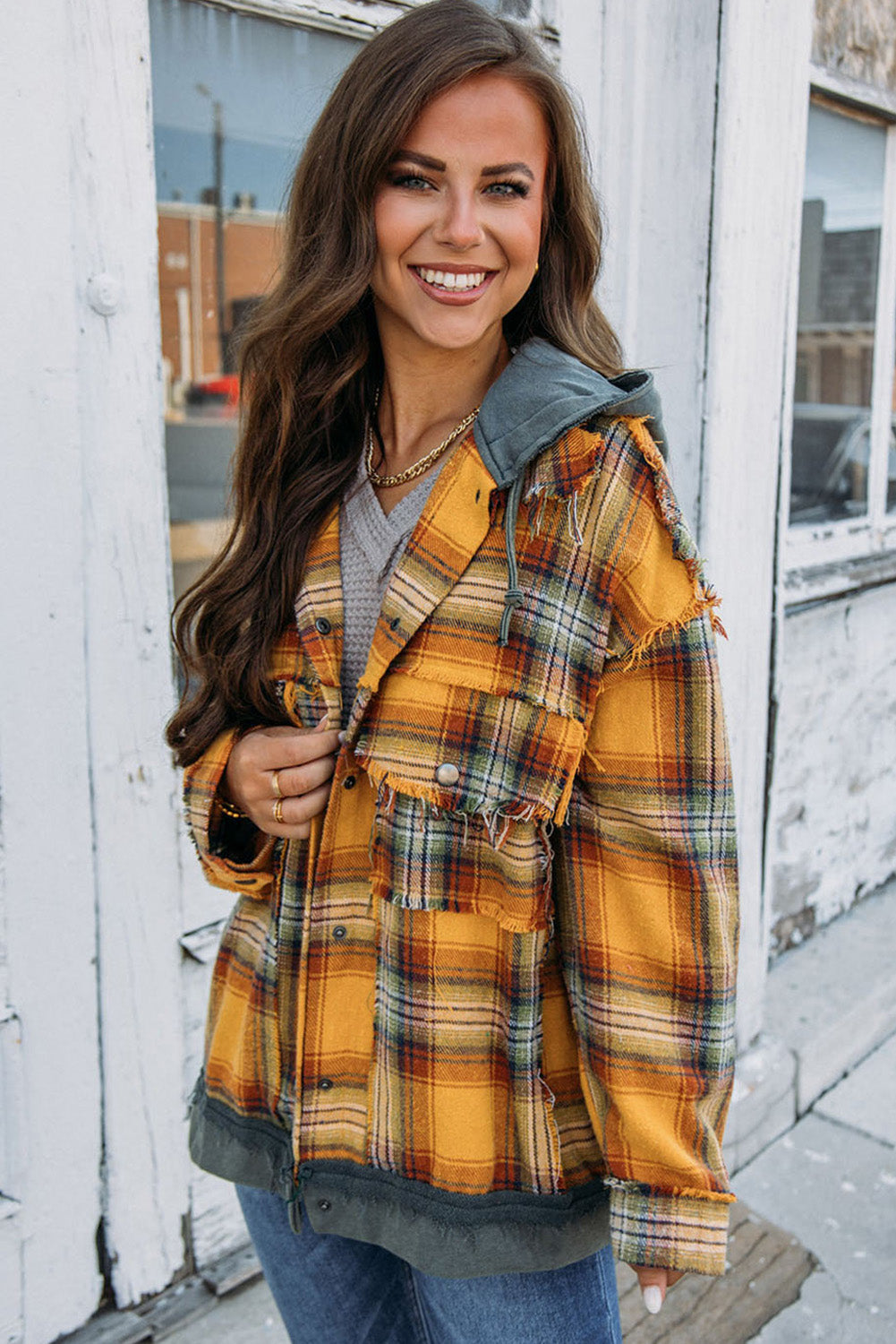 Plaid Patch Hooded Frayed Snap Button Jacket | Orange