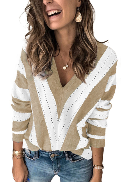 Striped Colourblock V Neck Knitted Sweater | Khaki