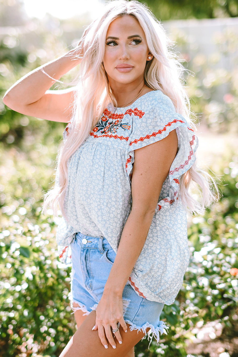 Boho Embroidered Floral Print Flutter Sleeve Blouse | Sky Blue