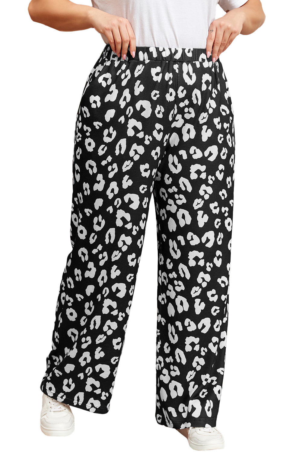 Print Wide Leg Pockets Plus Size Pants | Leopard