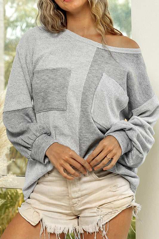 Gray Contrast Patchwork Double Chest Pocket Top