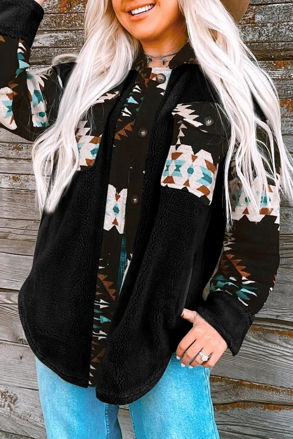 Western Aztec Print Accent Fleece Shacket | Black