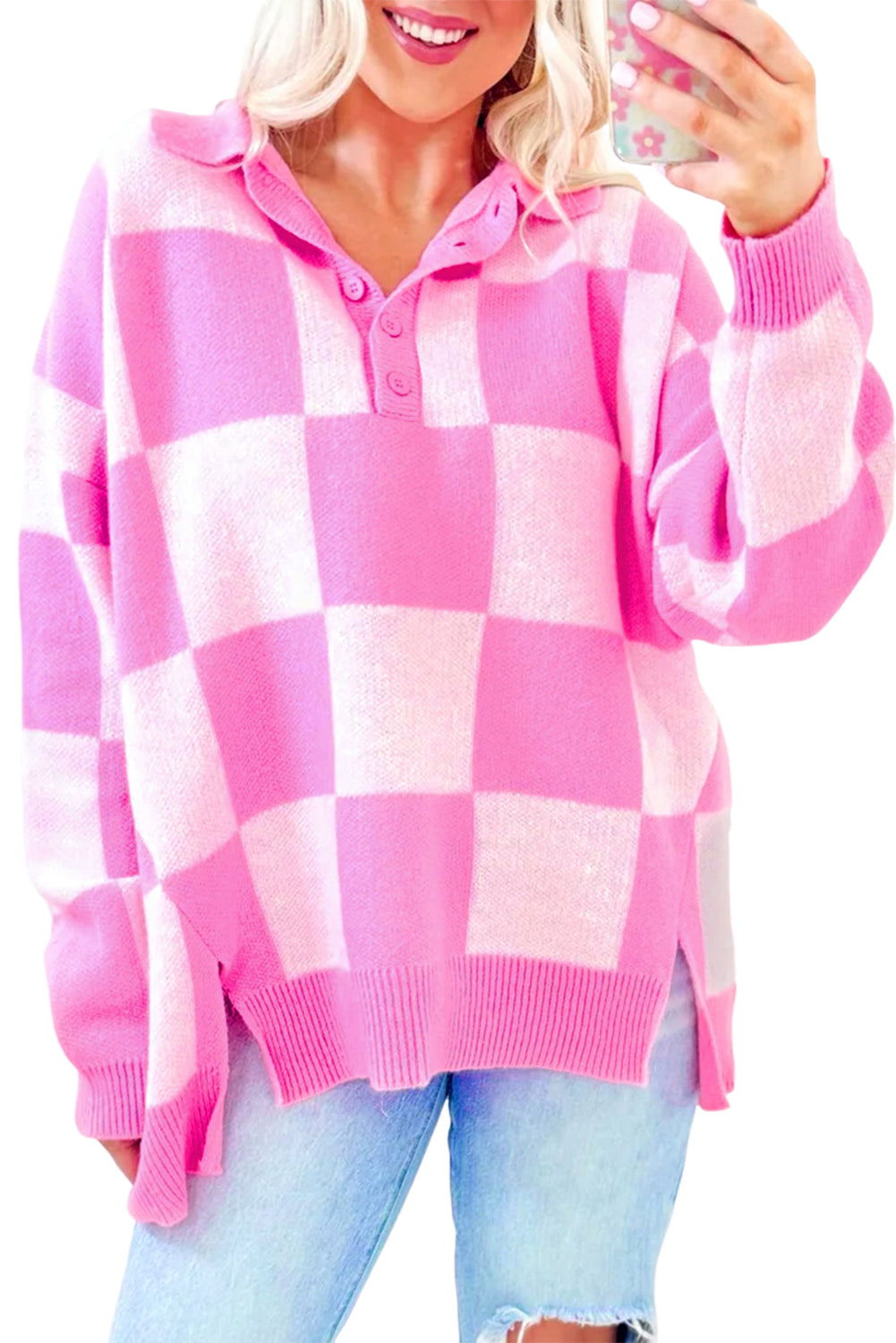 Checkerboard Half Button Collared Drop Shoulder Sweater | Pink