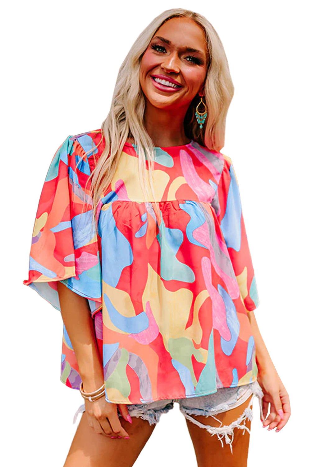 Abstract Pattern Wide Sleeve Crew Neck Blouse | Multicolour