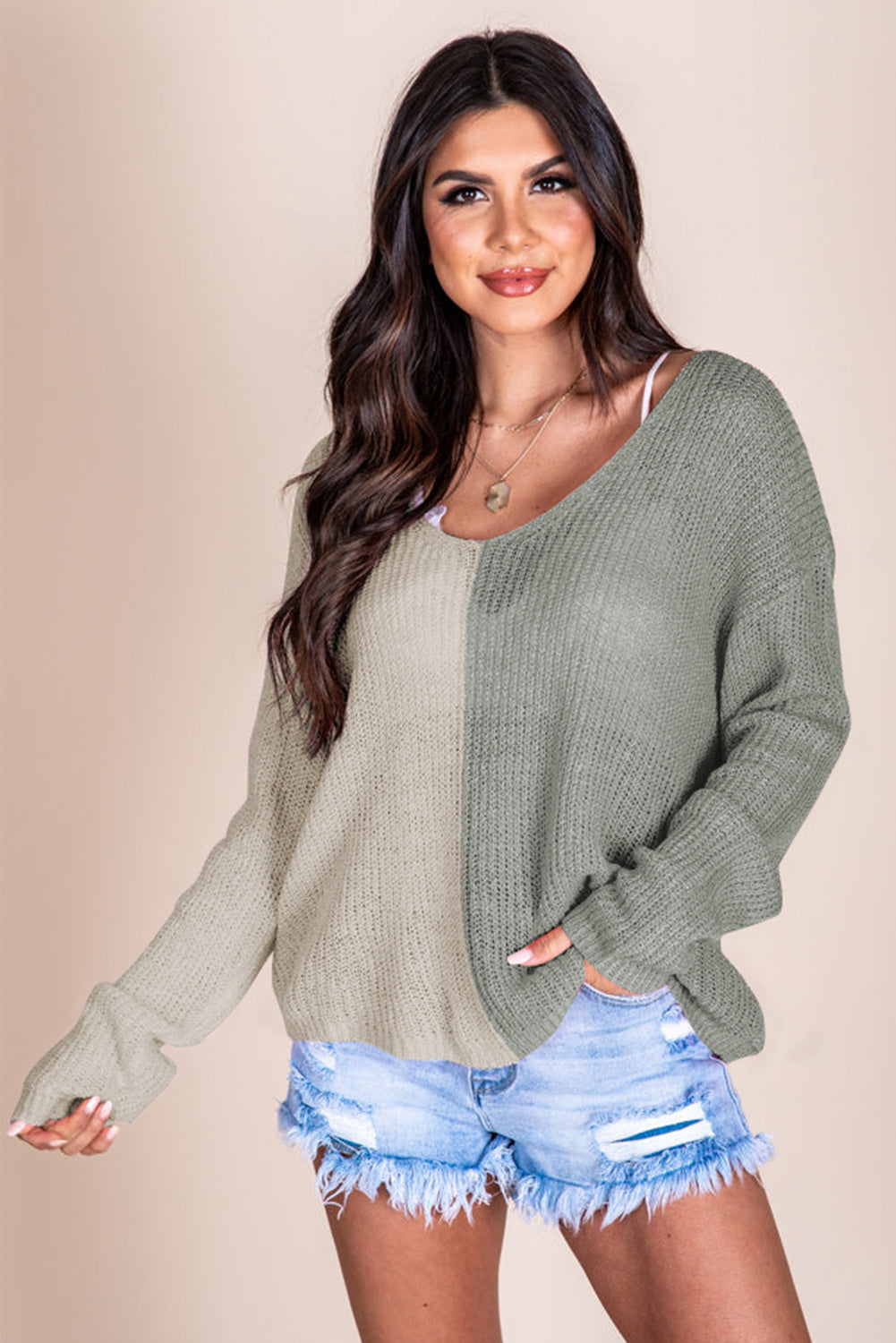 Long Sleeve V-Neck Colourblock Sweater | Gray