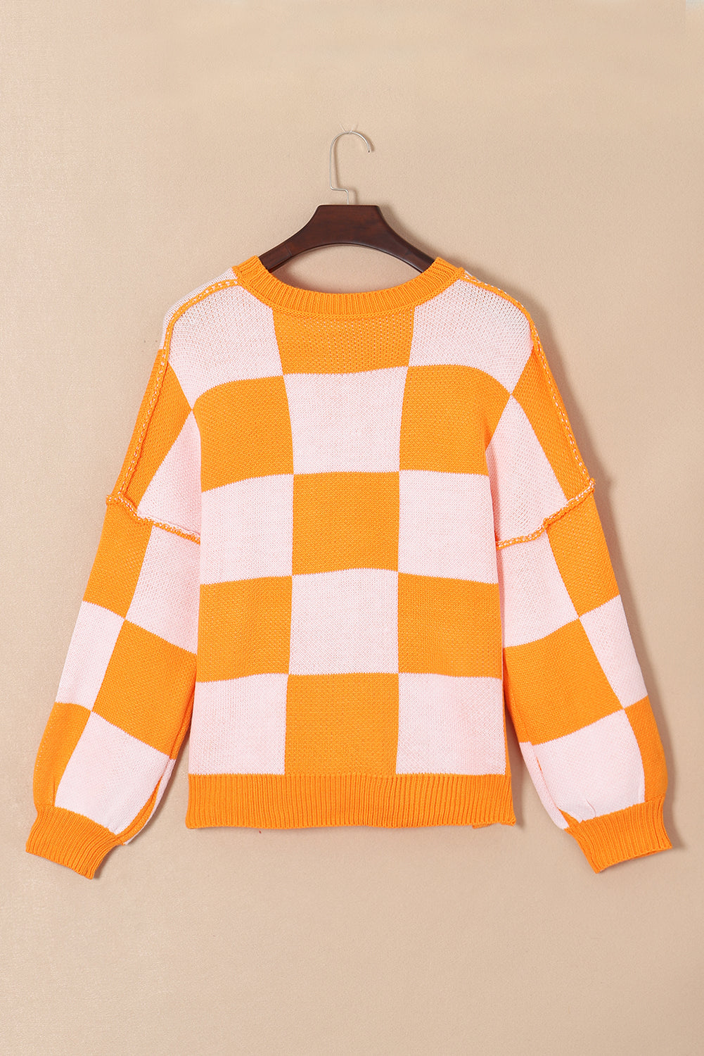 Orange Checkered Bishop Sleeve Sweater | Grapefruit Orange