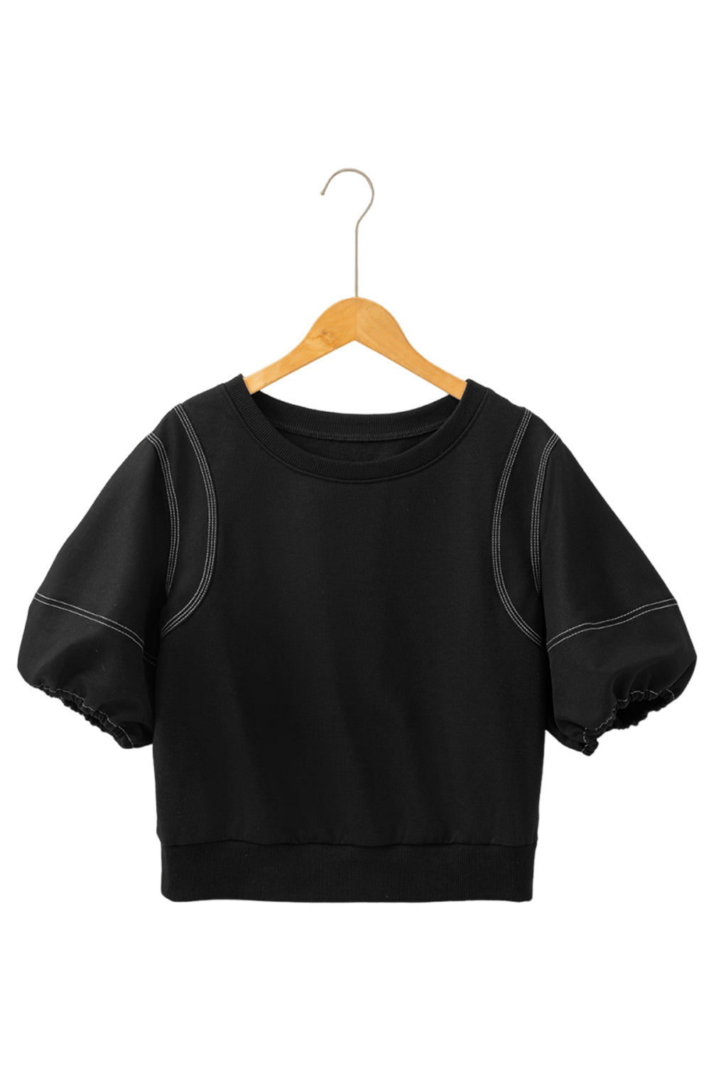 Contrast Stitches Detail Puffy Half Sleeve Blouse | Black