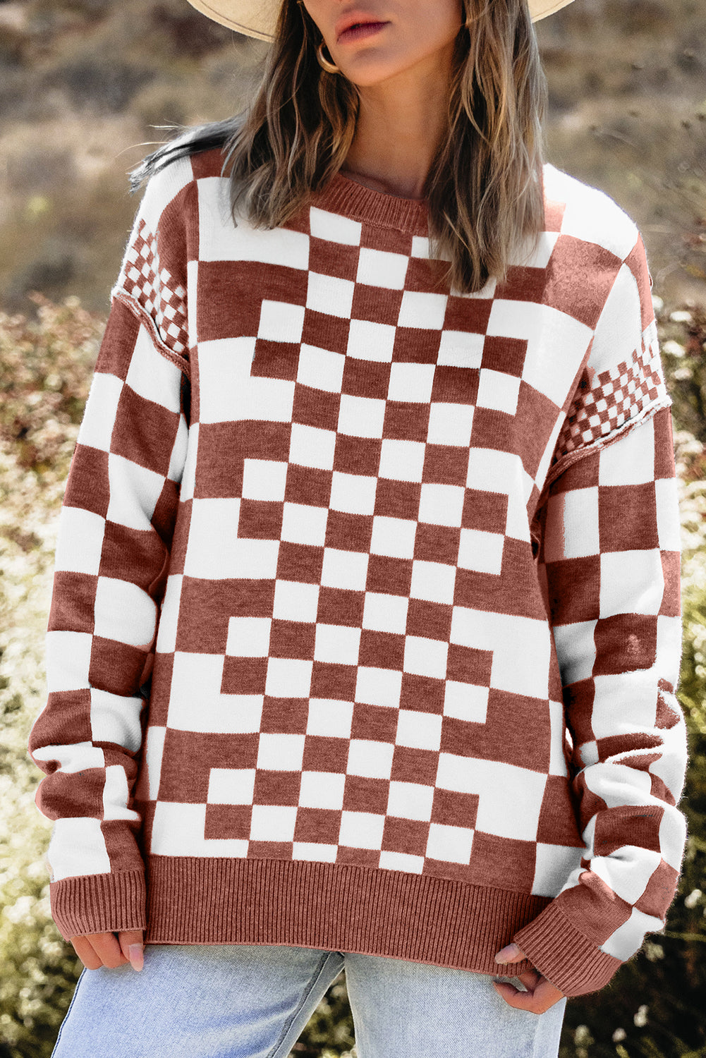 Checkered Print Drop Shoulder Round Neck Sweater | Brown