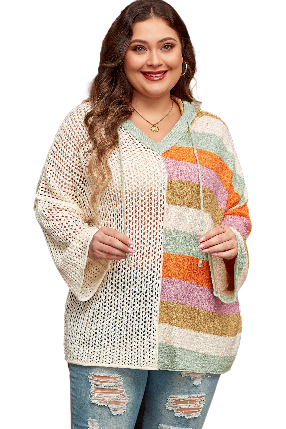 Pointelle Knit Colourblock Patchwork V Neck Hooded Plus Sweater | Beige