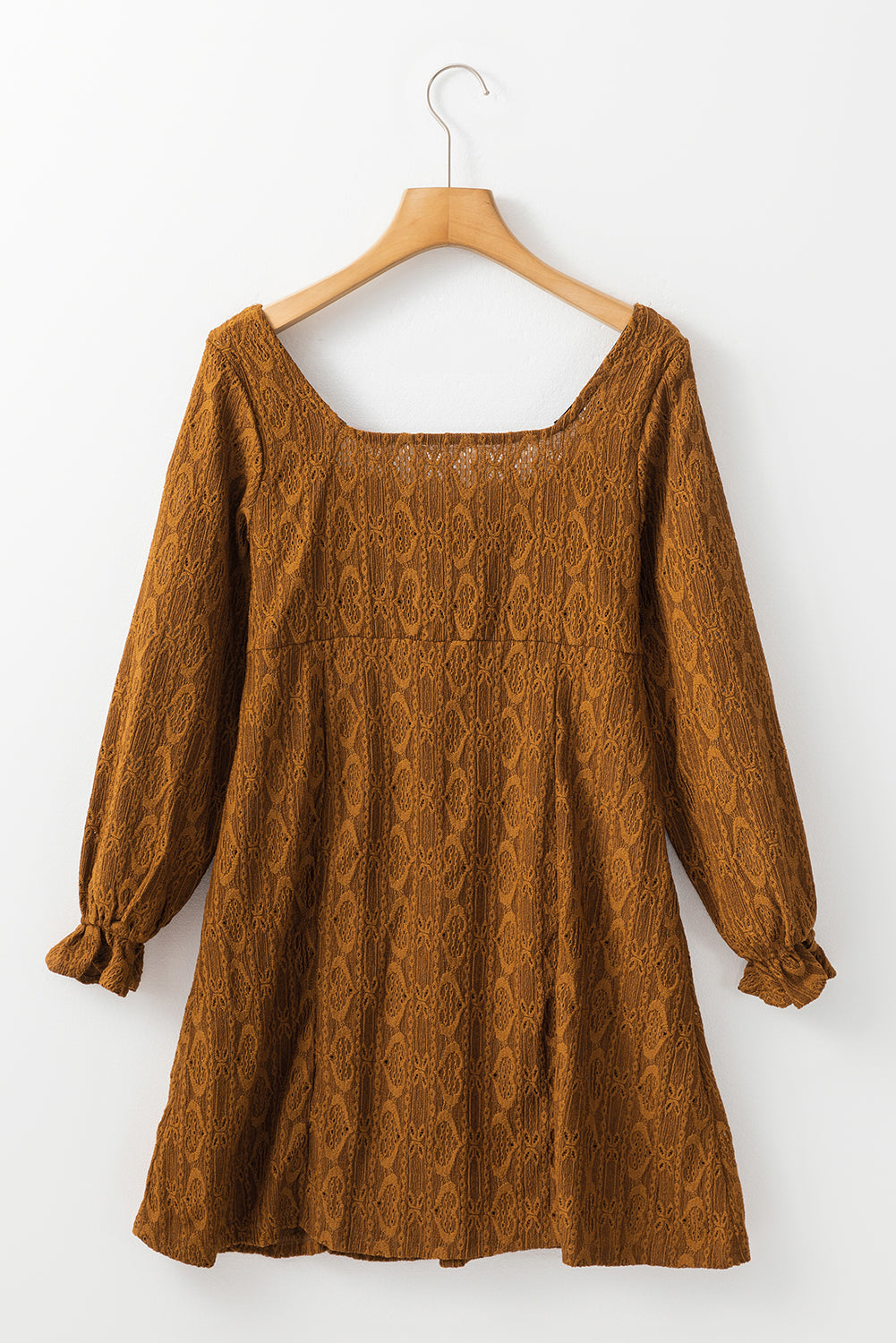 Lace Crochet Buttoned Square Neck Shift Mini Dress | Chestnut