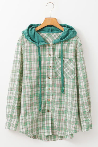 Checkered Print Loose Fit Buttoned Hooded Shacket | Green