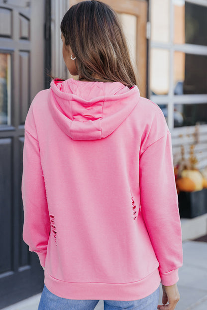 Solid Ripped Hooded Sweatshirt With Kangaroo Pocket | Pink