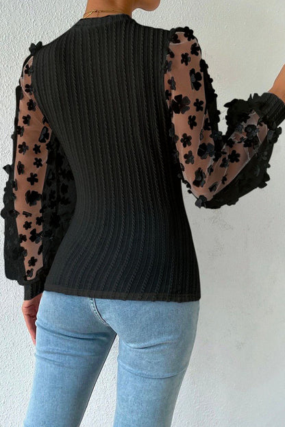 Floral Applique Mesh Sleeves Textured Knit Blouse | Black