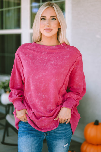 Acid Wash Relaxed Fit Seamed Pullover Sweatshirt With Slits | Rose