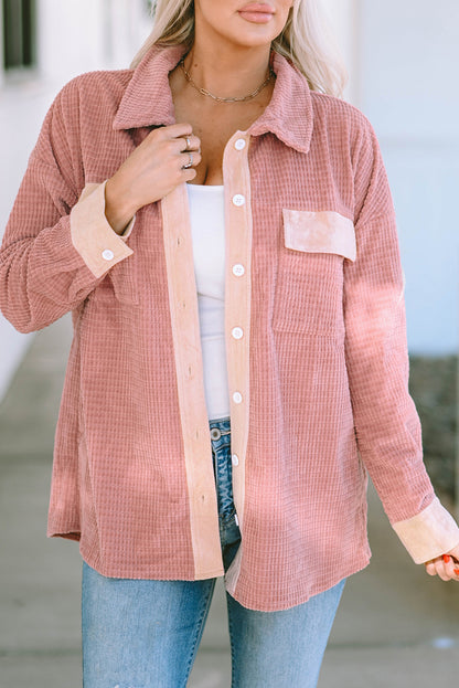 Flap Pockets Drop Shoulder Textured Shacket | Peach Blossom