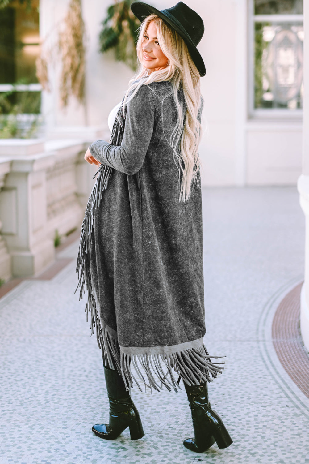 Fringed Hem Pocketed Open Cardigan | Black