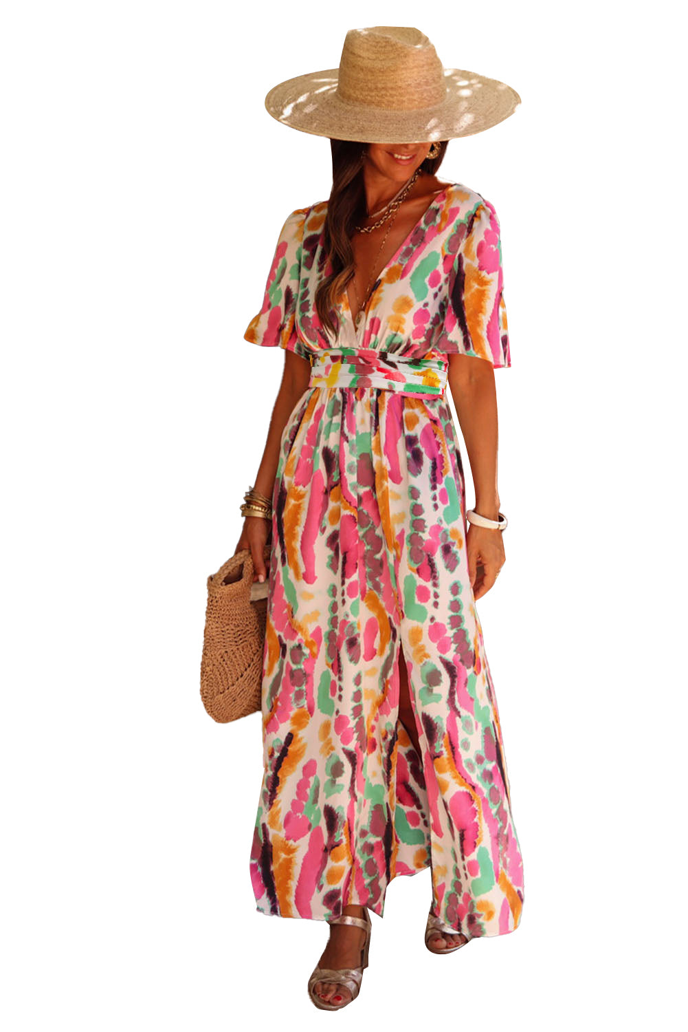 Boho Tie-Dye Print V Neck Maxi Dress | Pink