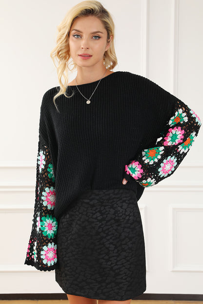 Floral Crochet Bell Sleeve Loose Sweater | Black