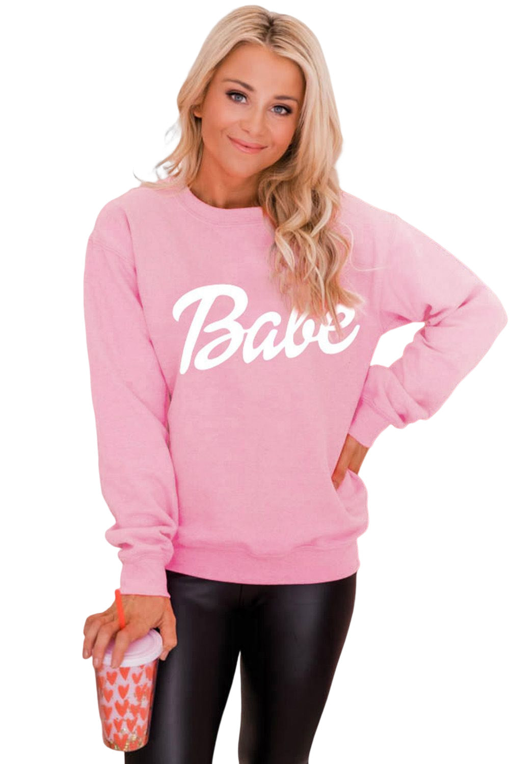 Letters Print Ribbed Knit Trim Sweatshirt | Pink