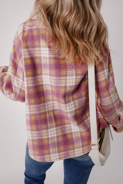 Plaid Print Chest Pocket Long Sleeve Shacket | Pink