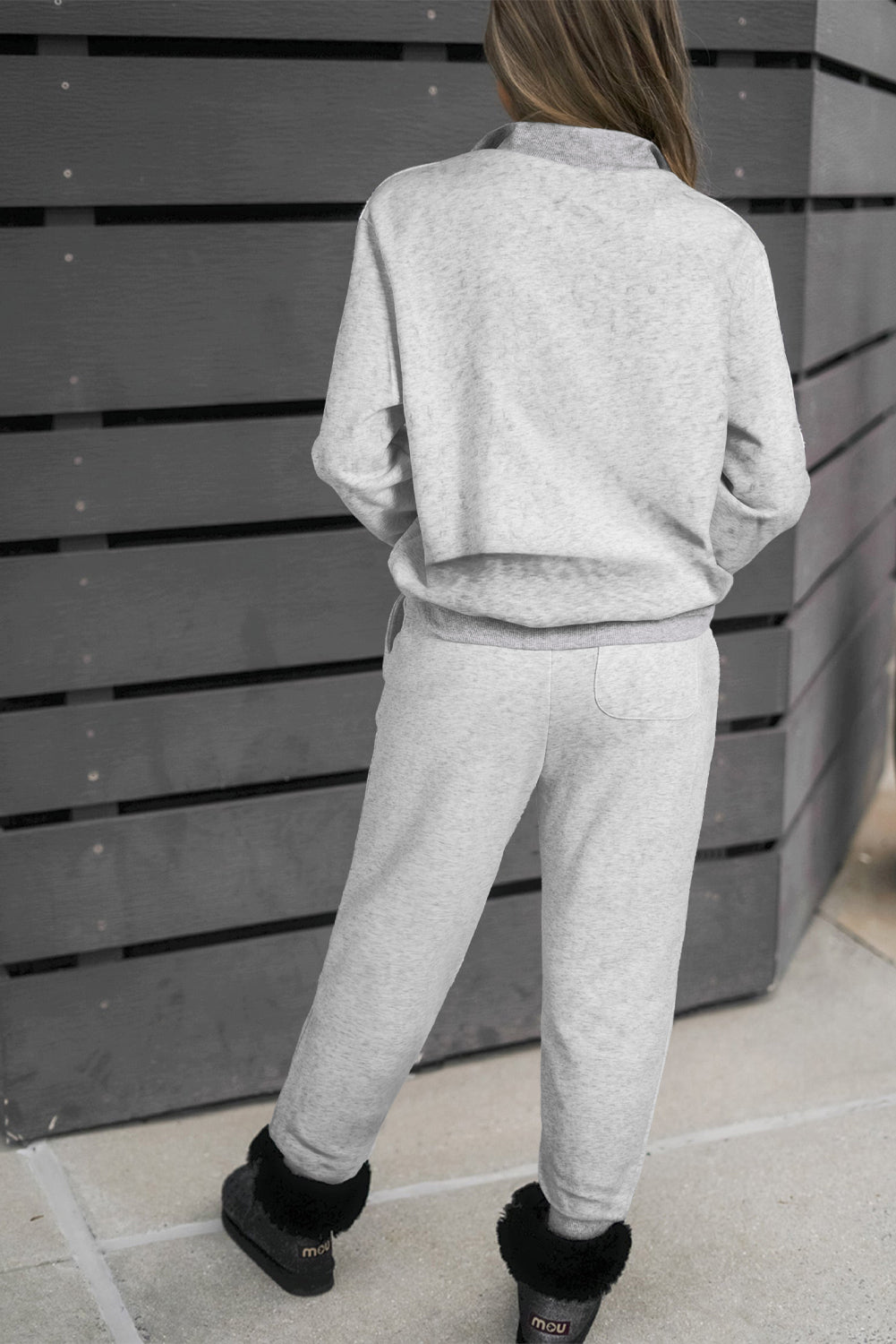 Solid Zip Pullover Top And Drawstring Joggers Set | Light Grey