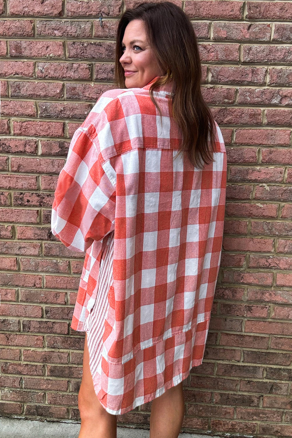 Oversized Plaid Puff Sleeve Round Hem Shirt Dress | Pink