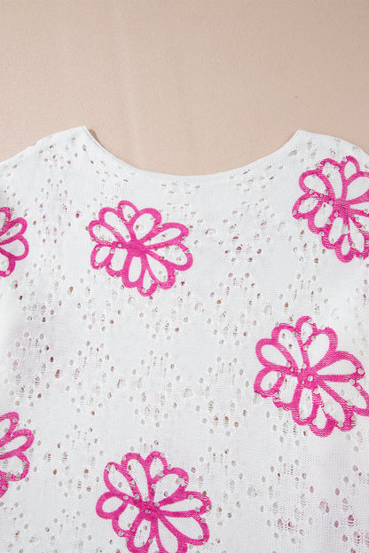 Contrast Flower Print Eyelet Drop Shoulder Sweater | White