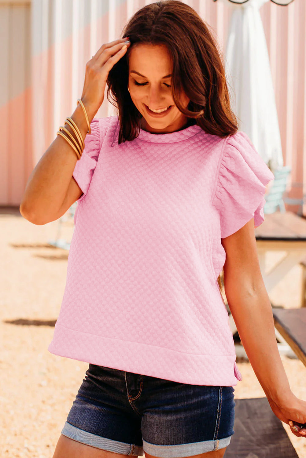 Textured Ruffle Short Sleeve Pullover Top | Pink