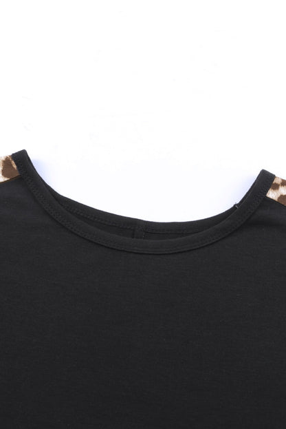 Leopard Splicing O-Neck Short Sleeve T Shirt | Black