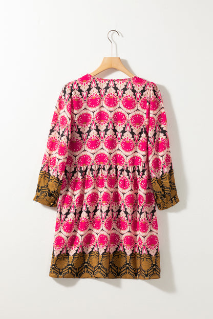 Retro Printed V Neck Bracelet Sleeve Dress | Strawberry Pink