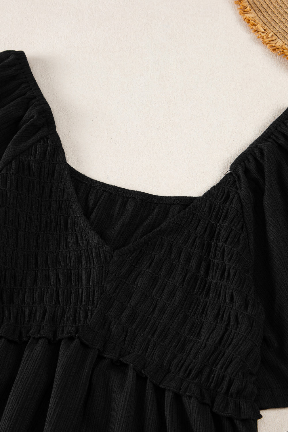 Shirred V Neck Short Flutter Sleeve Textured Blouse | Black