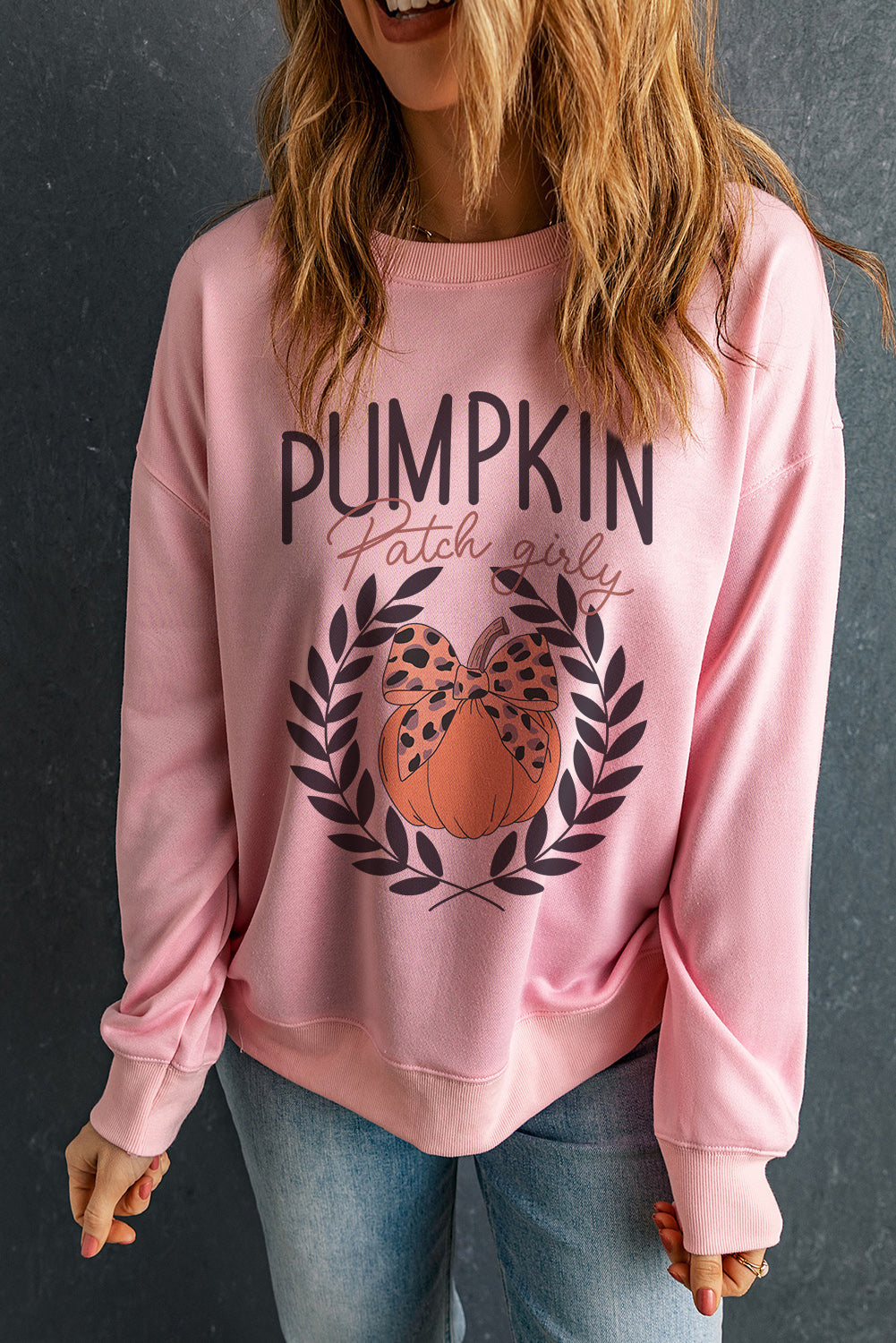 Pink Leopard Bowknot Pumpkin Graphic Halloween Sweatshirt