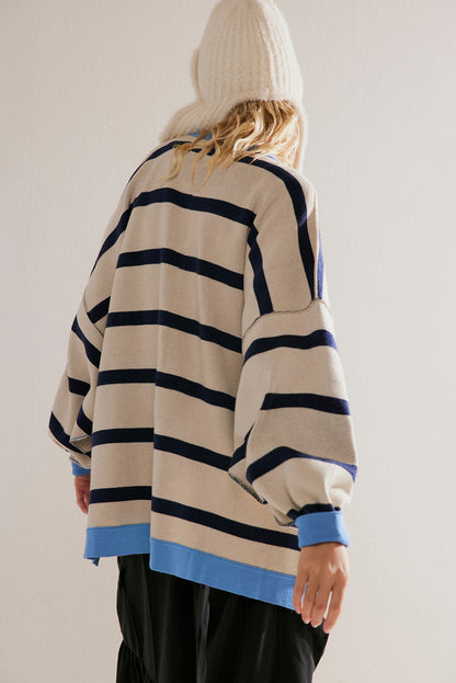 Colourblock Drop Shoulder Buttoned Loose Cardigan | White